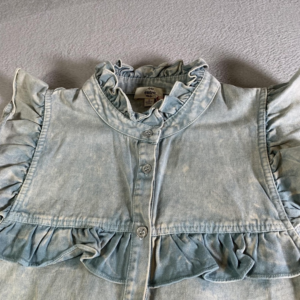 Entro Dress Womens Small Blue Denim Ruffle High Neck Button Up Shirt Dress NEW - Picture 2 of 12